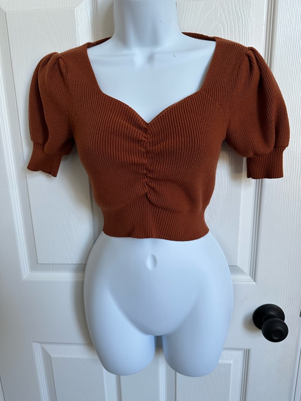 essue Rust Ribbed Puff-Sleeve Cropped Top